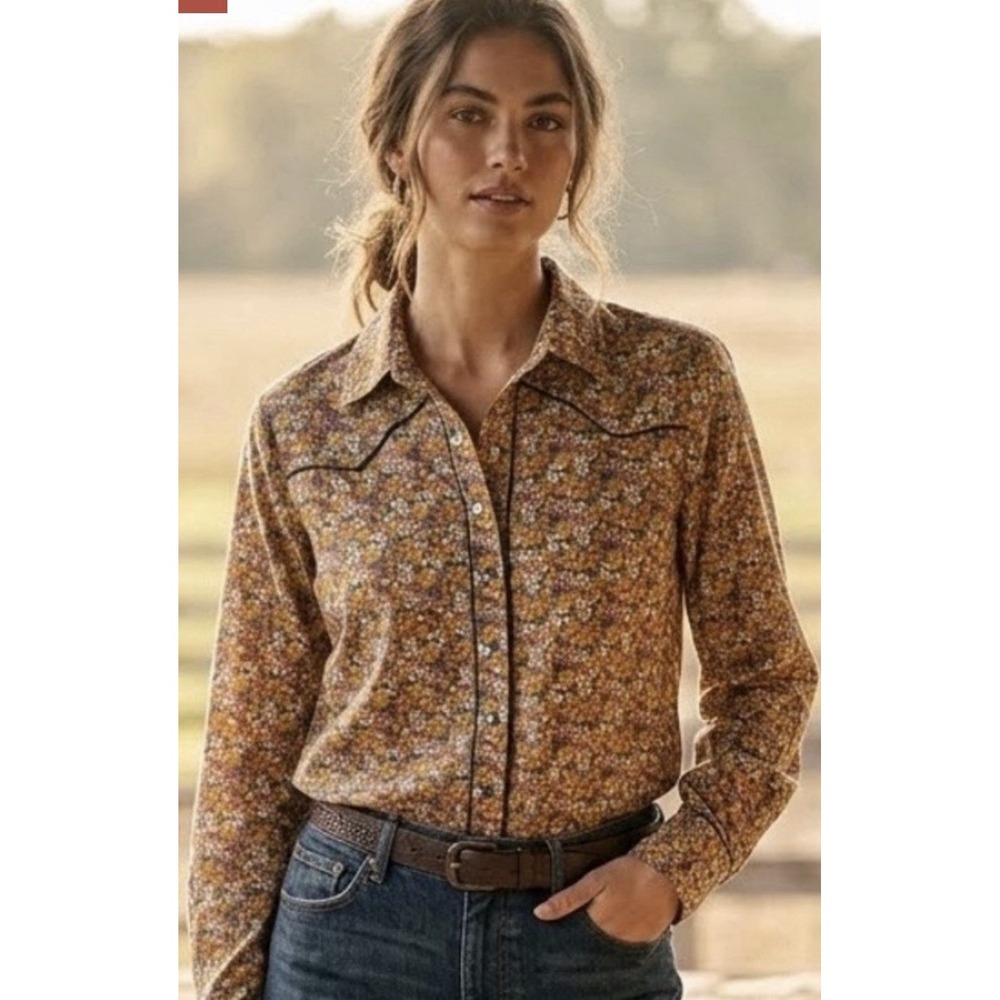 Natural Life Floral Western Piped Button Up Shirt Size XL Pearl Snaps Cowgirl